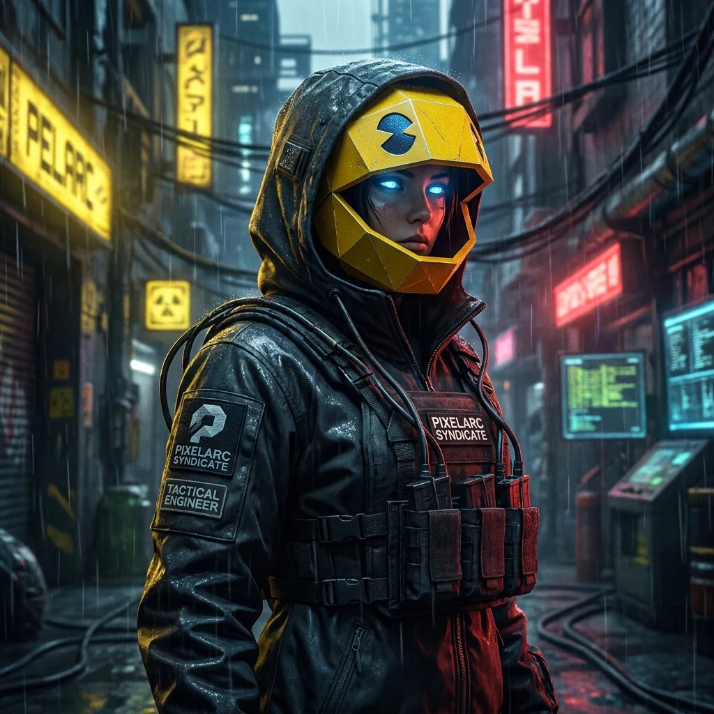 A hooded figure in a rain-soaked neon alley wearing a faceted yellow Pac-Man mask, lit by the screens behind them