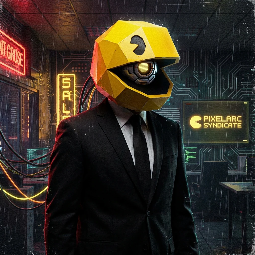 A figure in a sleek studio wearing a faceted yellow Pac-Man head, lit by sharp white and yellow highlights