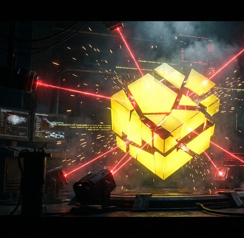 A faceted yellow cube breaking apart under crossed red scanning lasers in a dark workshop