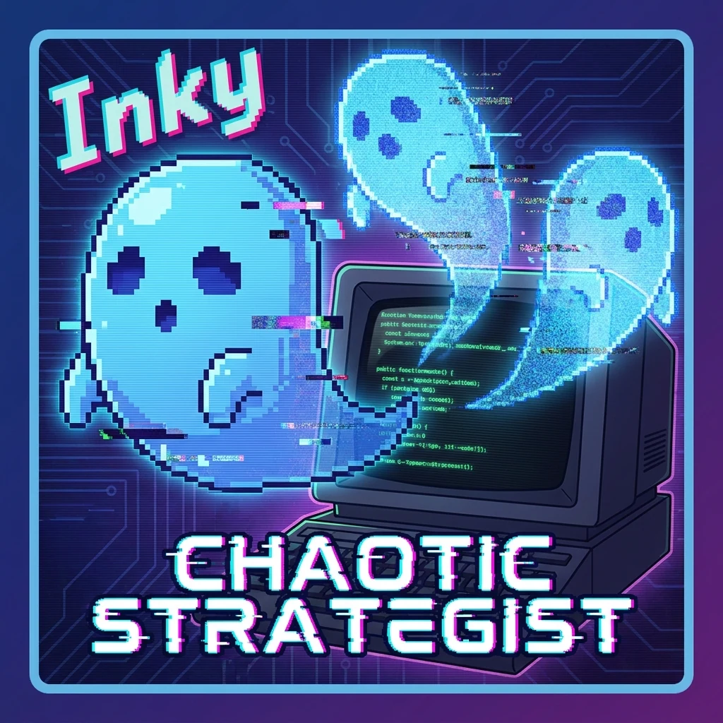 Inky: a glitchy blue ghost splitting into three