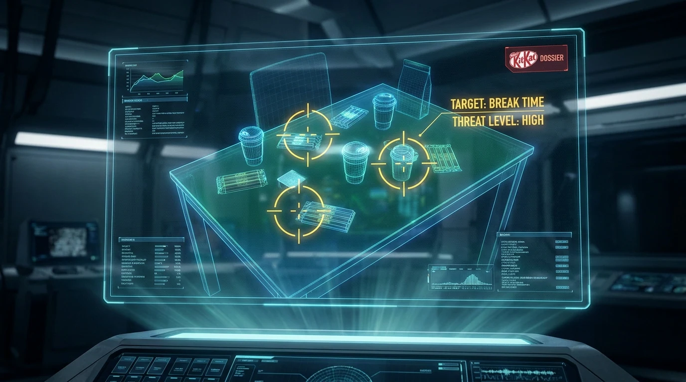 A holographic mission-briefing map for the KitKat dossier