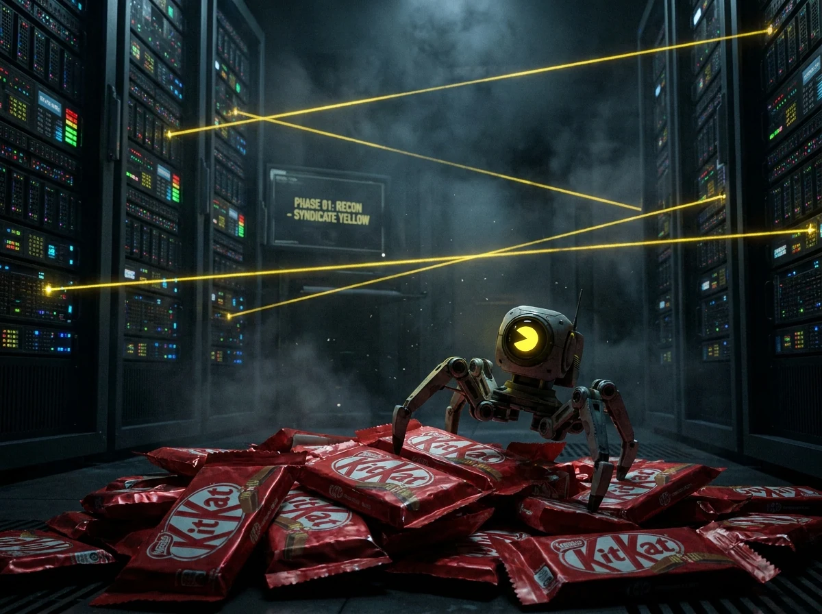 Phase 01, Recon: a tiny surveillance robot with a Pac-Man face crouched over a pile of KitKat bars in a server room
