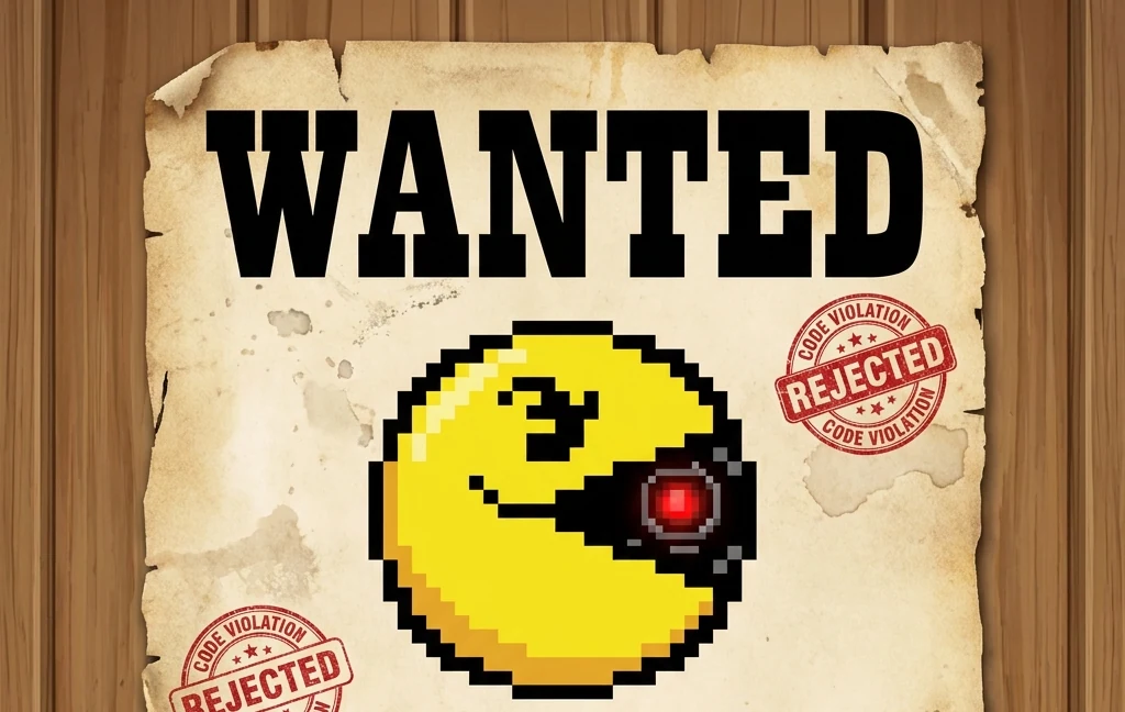 A weathered WANTED poster on a wooden wall: a pixel-art Pac-Man head with a glowing red cybernetic eye, stamped REJECTED — CODE VIOLATION twice
