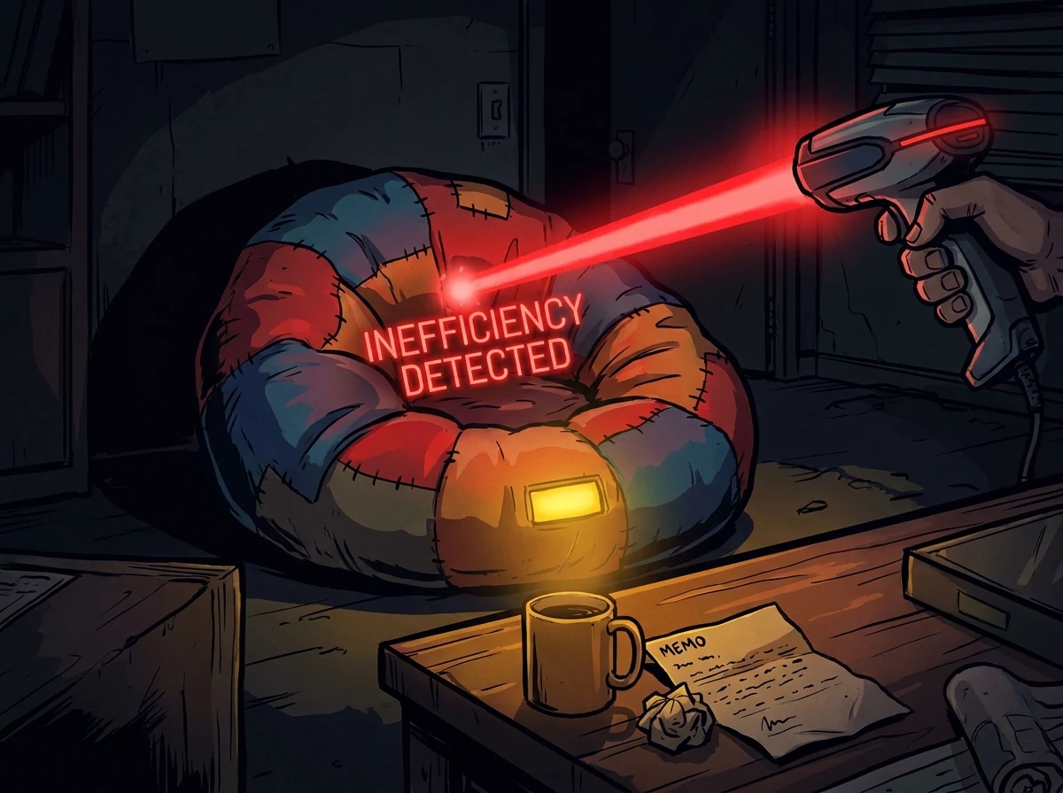 A handheld scanner pointed at a beanbag, reading Inefficiency Detected — illustration for The Death of the Beanbag Agency